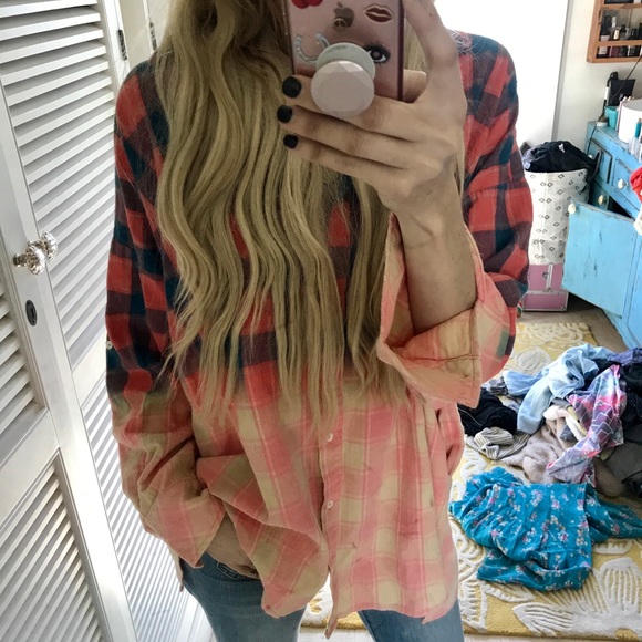 Three Bird Nest Tops - Ombré Plaid Flannel Bleached Button Up Shirt